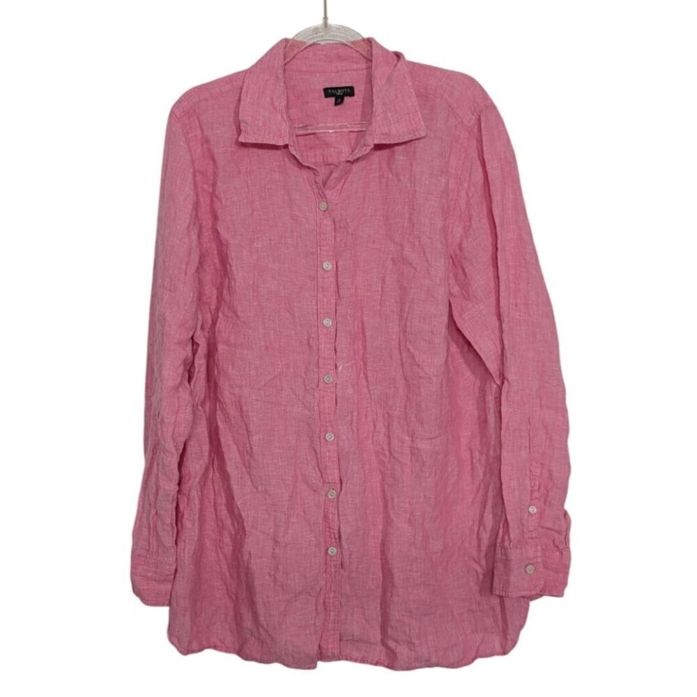 Talbots 100% Linen Boyfriend Shirt Womens Size 1X Pink Long Sleeve Button Front